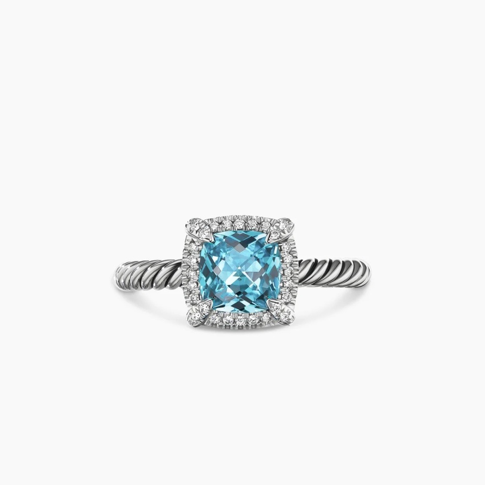 David Yurman Blue Topaz and Diamond Cable Ring in Sterling Silver - Size 6-6.5
